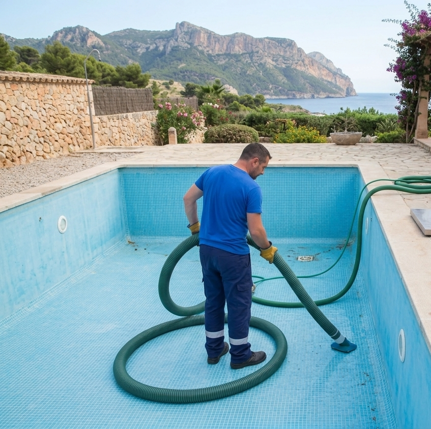 trabajador realizando vaciado y limpeza de piscina en Mallorca