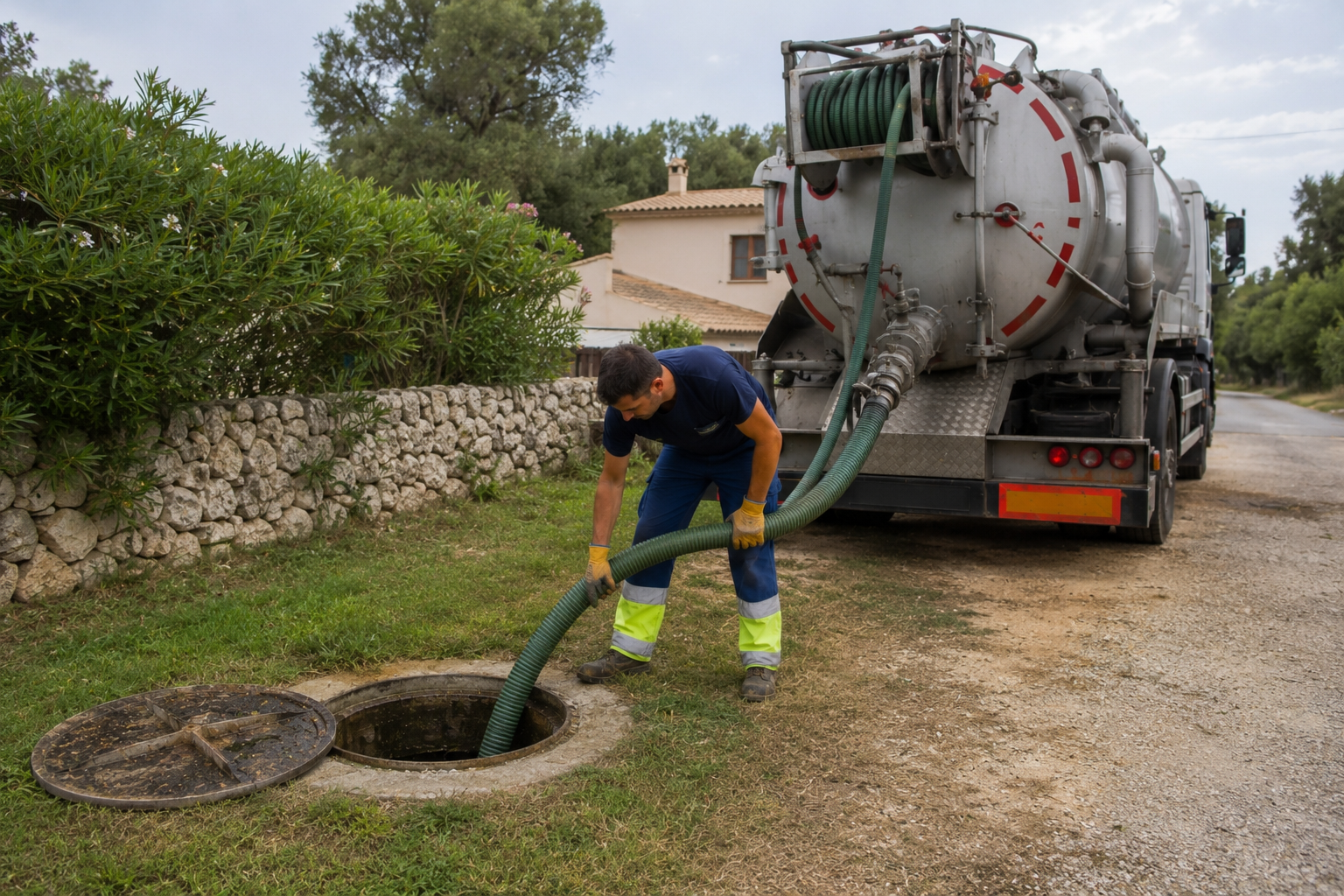 trabajador limpiando pozo séptico