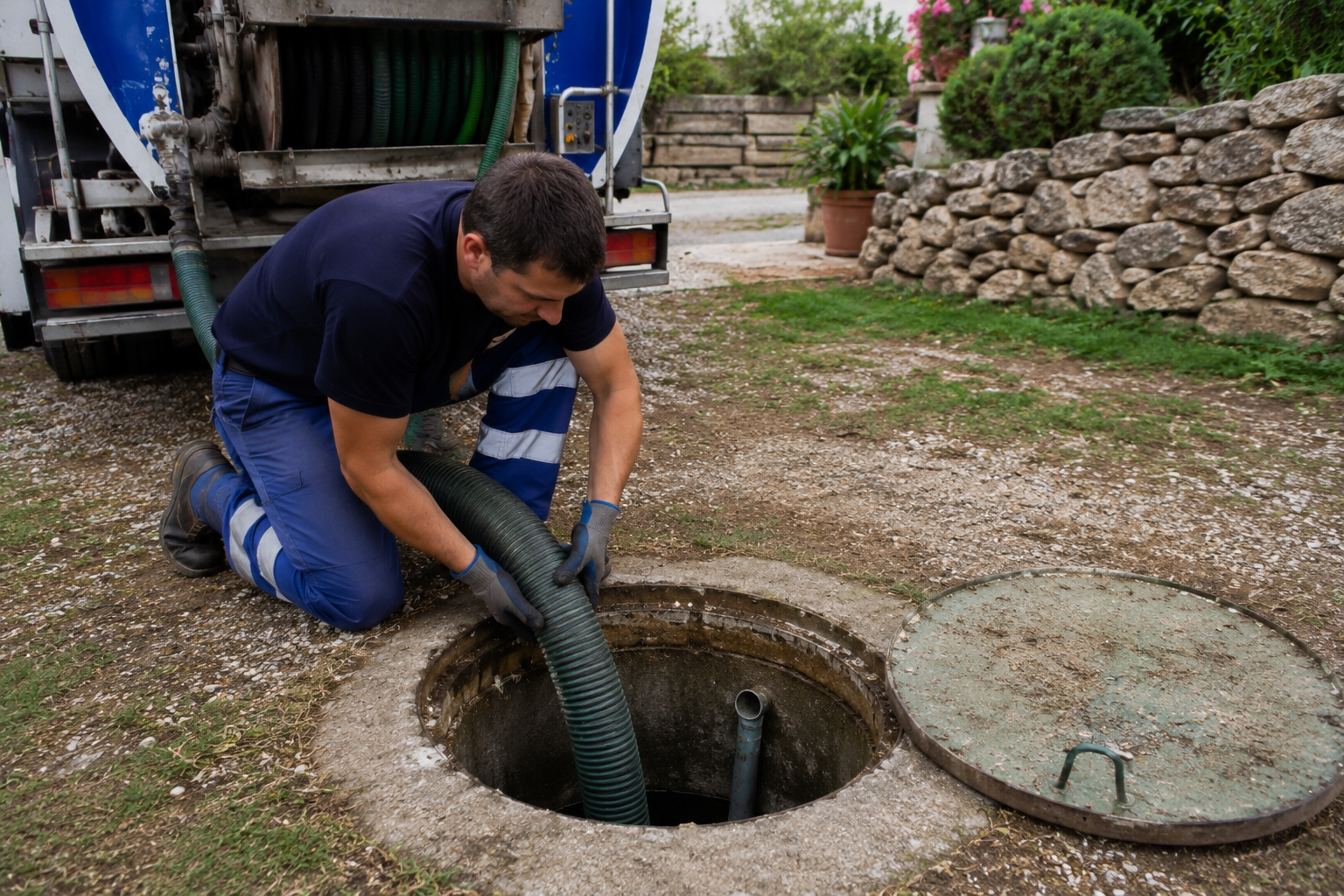 trabajador limpiando pozo séptico